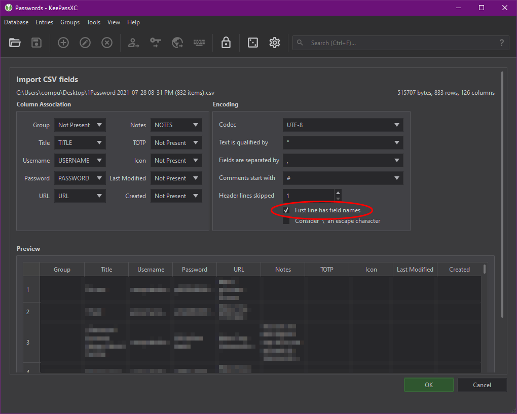 KeePassXC's Import CSV Fields screen