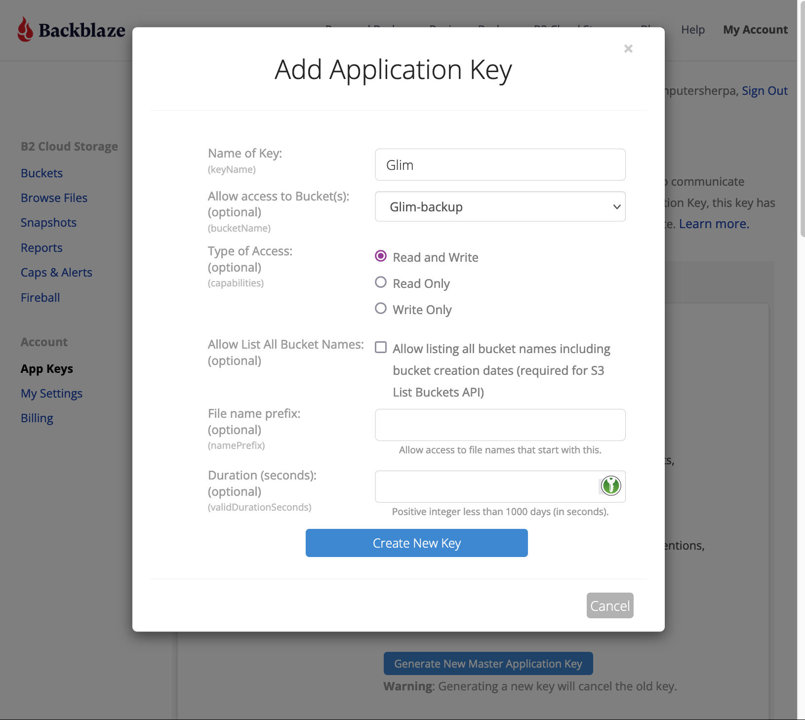 Backblaze's 'Add Application Key' screen