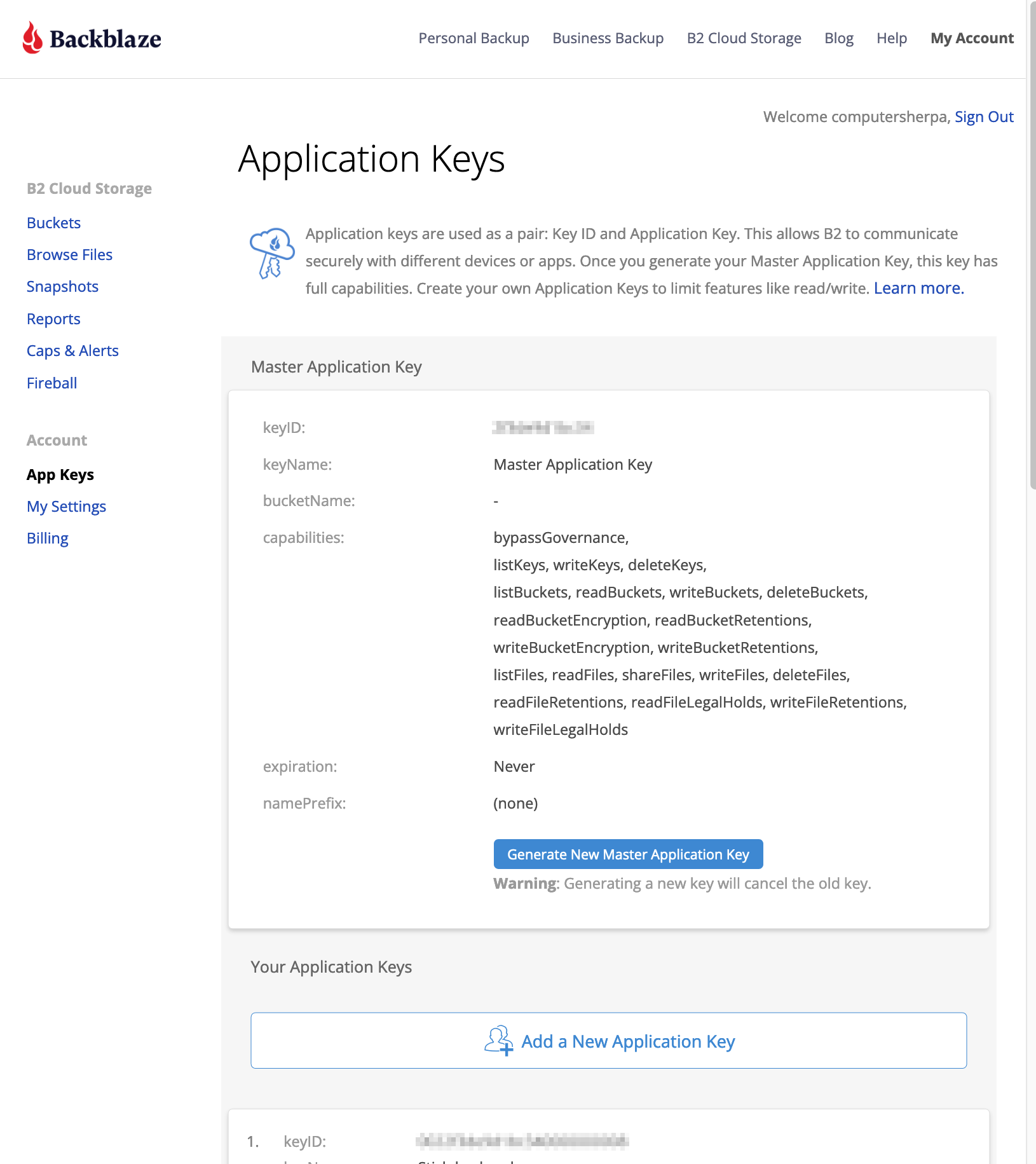 Backblaze's 'Application Keys' screen