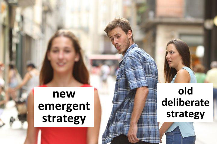 Distracted Boyfriend ignores 'Old deliberate strategy', instead staring after 'New emergent strategy'