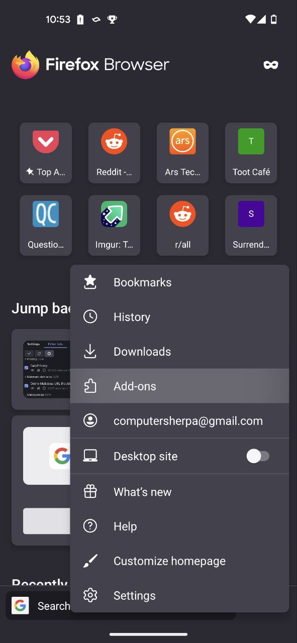 Firefox for Android menu